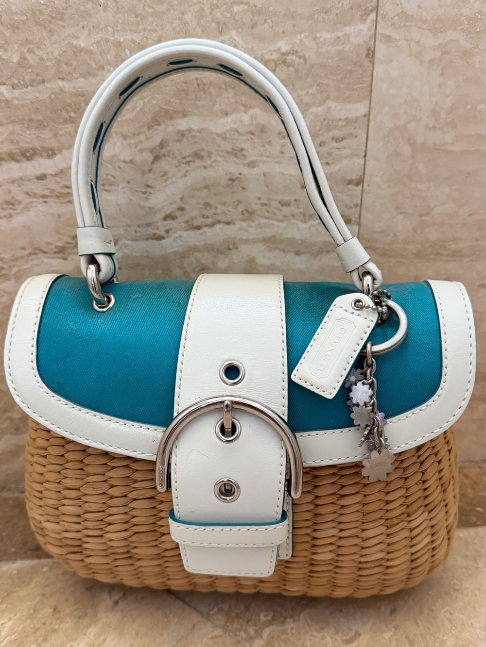 Coach Teal and White Woven Top-Handle purse  with Charm